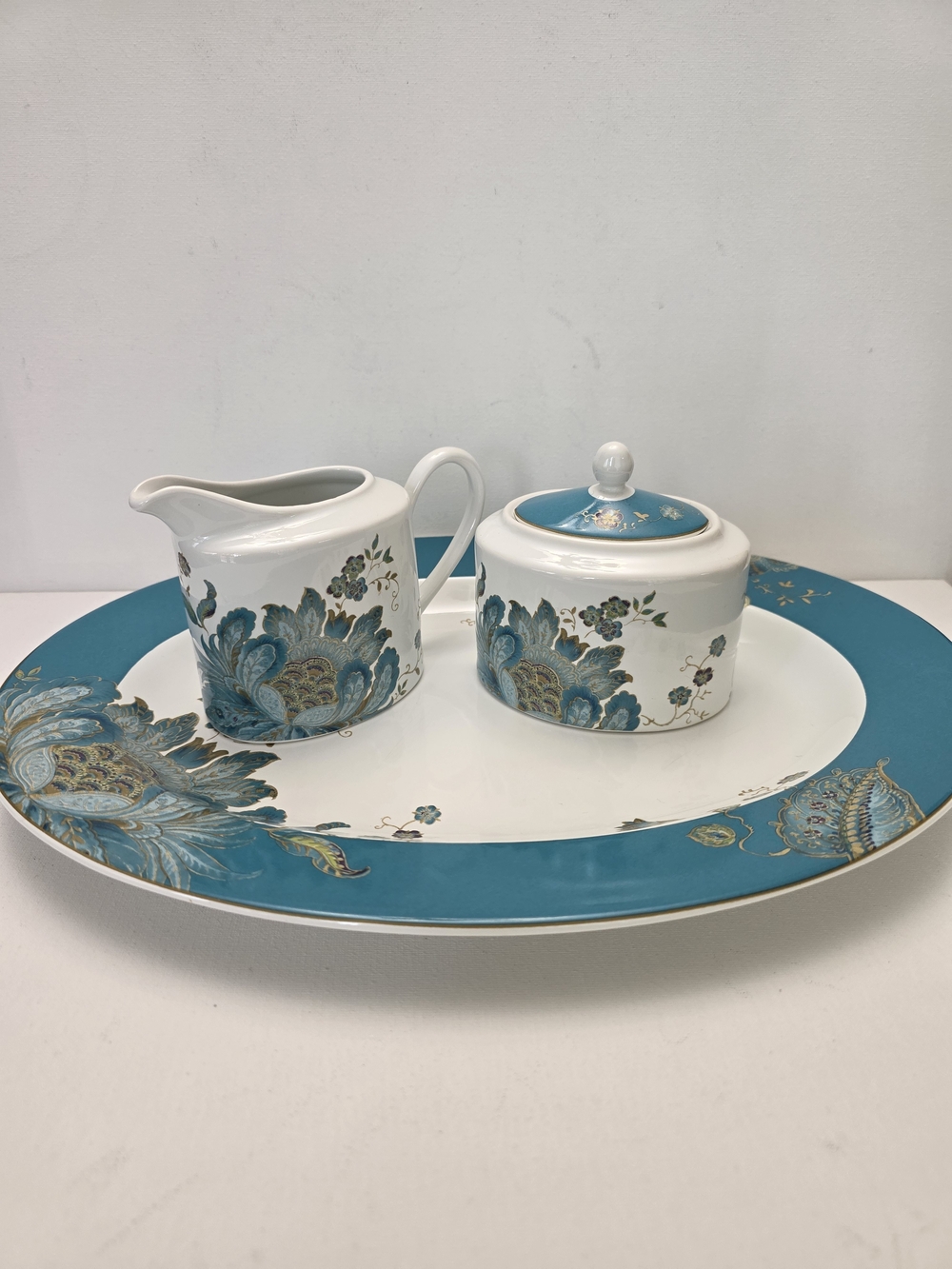 222 Fifth Teal Floral Porcelain Creamer, Sugar Bowl & Serving Platter Set.